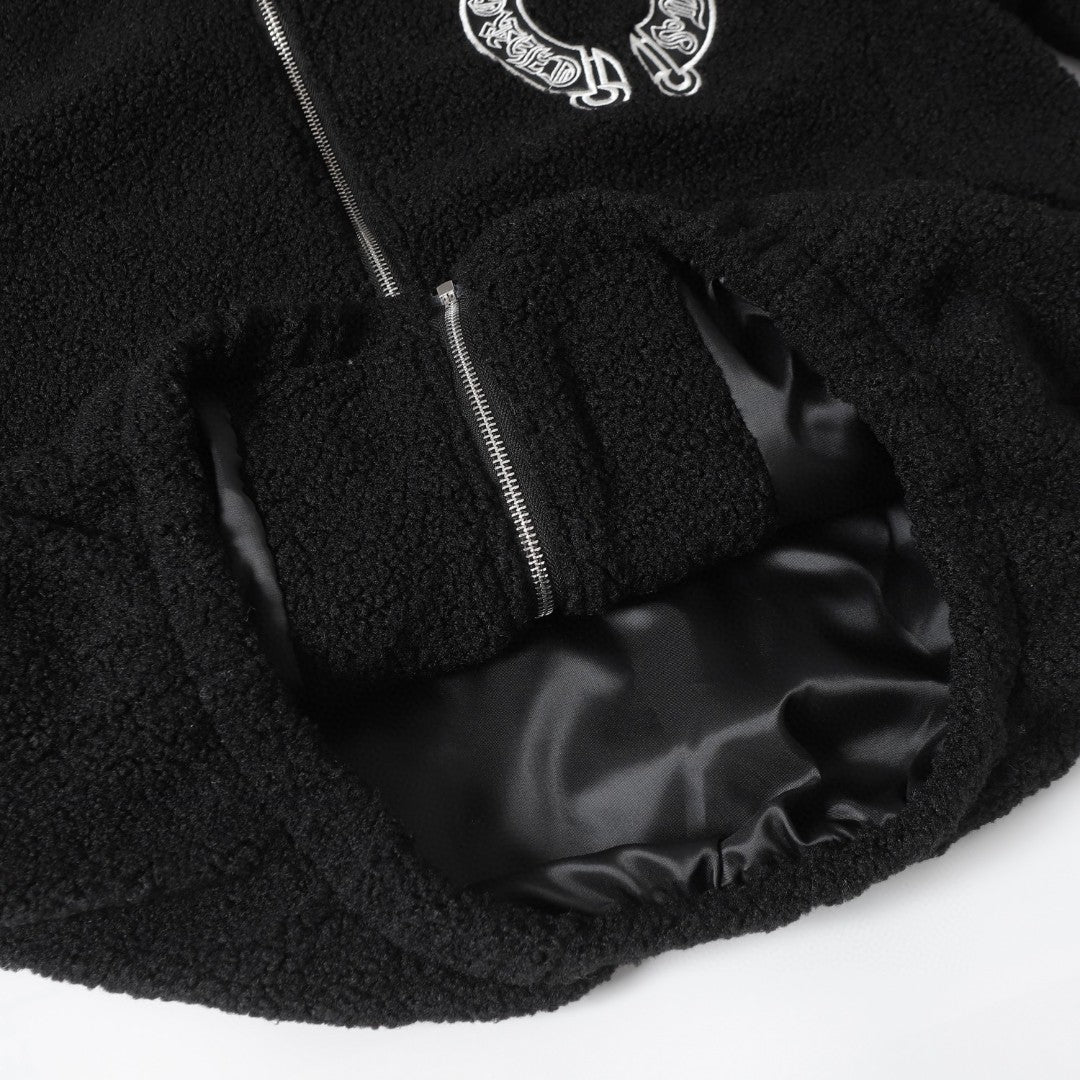 Chrome Hearts Horseshoe Embroidered Sherpa Jacket - Black Cream Gothic Coat 825
